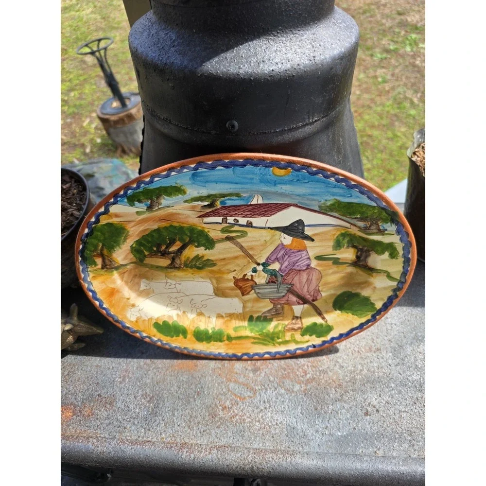 VTG Ovaria Ovar Portugal Hand Painted Pottery Platter‎ Farmer Scene 13x10 Oval